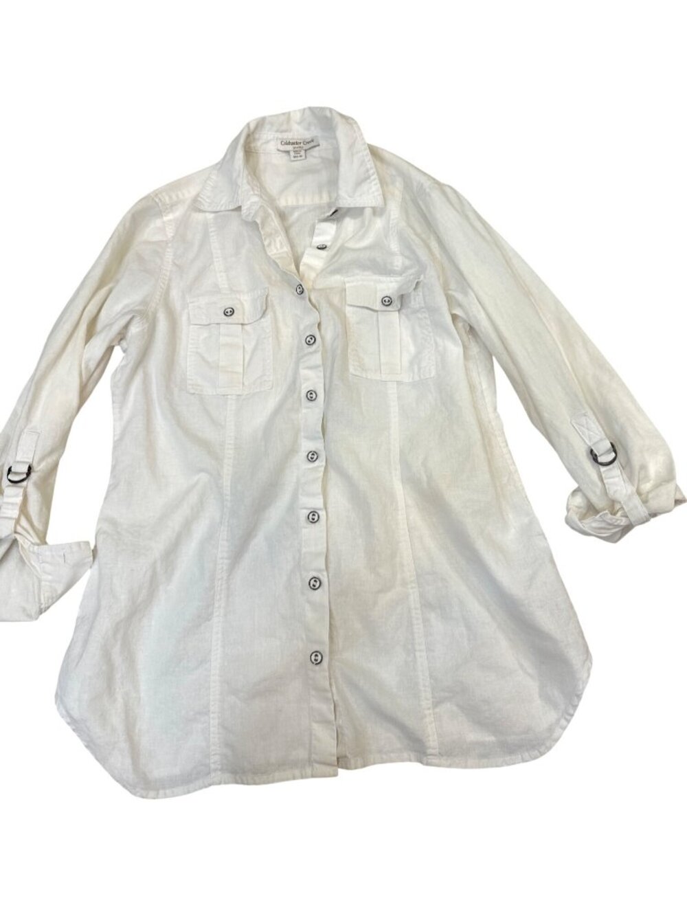 Beachy Summer roll up long sleeve Womens White Linen-Blend Button-Down Shirt